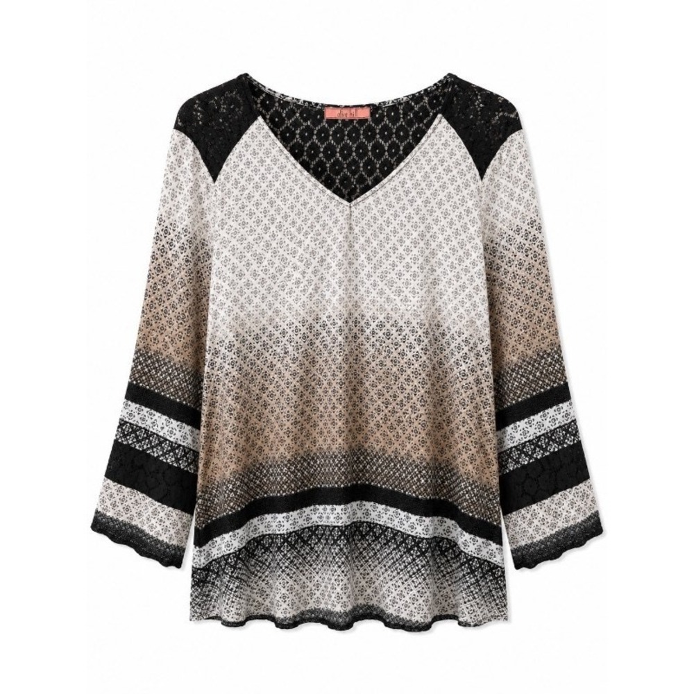 Olive Hill Womens Boho Blouse M Black White‎ Lace Floral Print Bell Sleeve Top